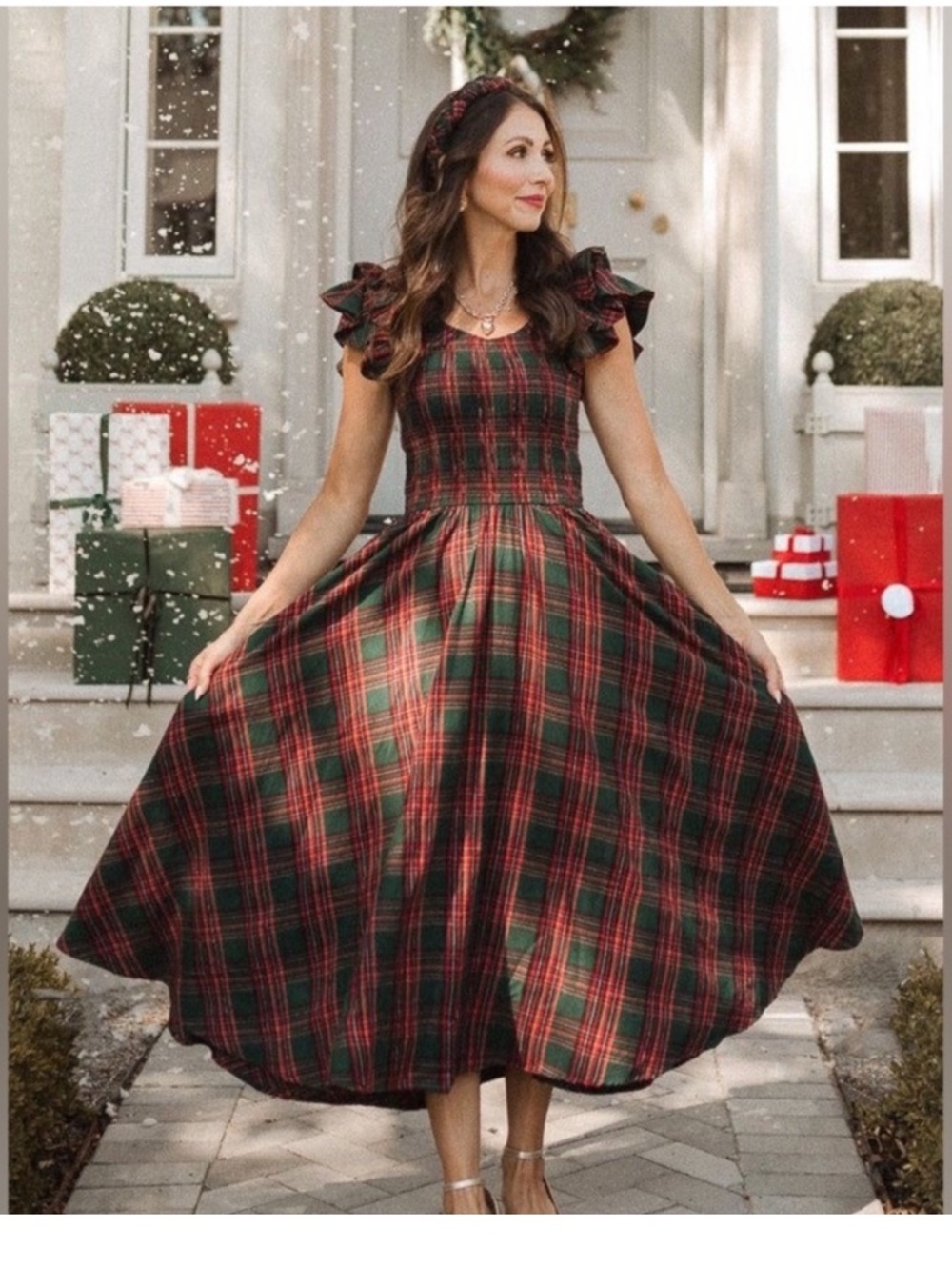 Ivy City Co Hattie Dress Evergreen Plaid Smocked Flutter Sleeve Tartan Size M